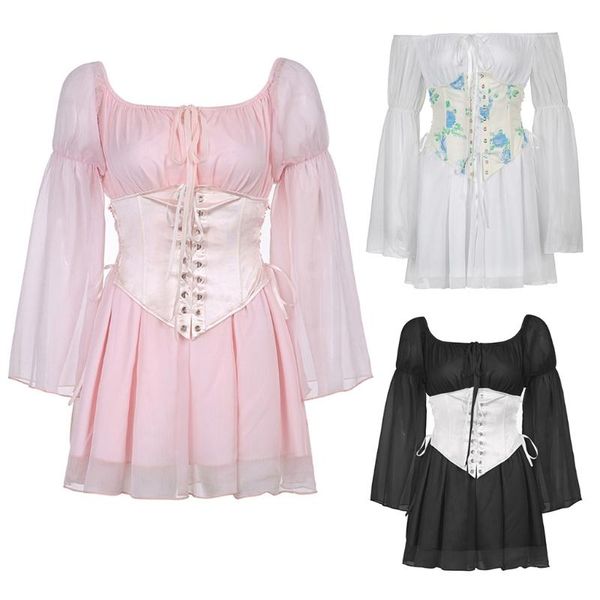 

belts beach style vintage chiffon dress with corset bandage hollow out bustier chic wide sleeve dresses 2 pieces set, Black;brown