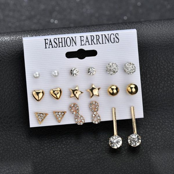 

fashion 8pcs/set star heart rhinestone metal stud earrings trendy geometric elegant for women girls, Golden;silver