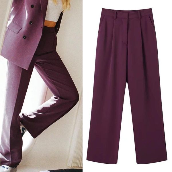 

women's pants & capris za purple wide leg woman fashion high waist straight trousers fall office casual baggy set, Black;white