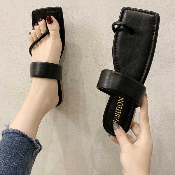

rimocy summer clip toe flat slippers ladies pu leather outdoor beach flip flops for women comfortable soft strap sandals 210528, Black