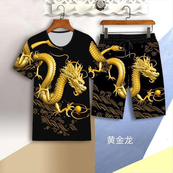 

summer sportswear dragon suit male mens tracksuit 3d wolf head short sleeved casual slim t shirt shorts chinese print, Gray