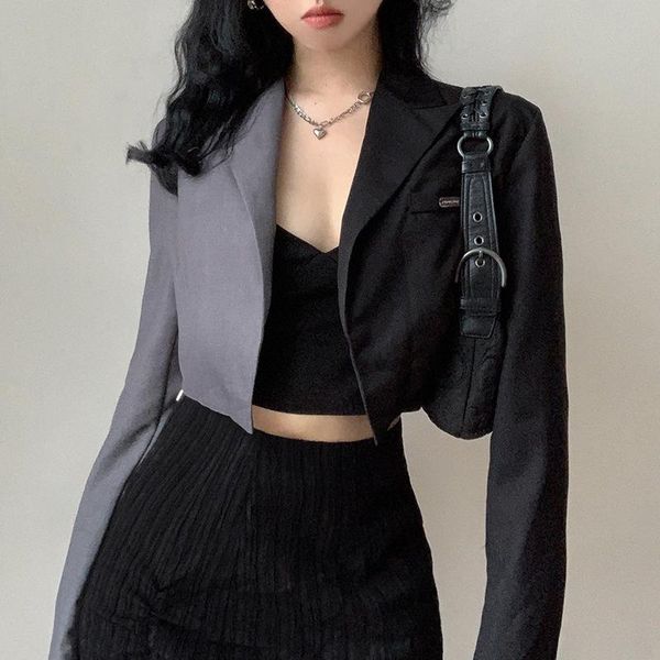 

women's suits & blazers fashion women blazer formal black grey variegated color long sleeve cropped suit jacket streetwear, White;black