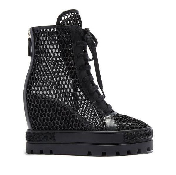 

woman black mesh sandal summer patchwork high sneakers height increasing thick sole platform wedge short boots