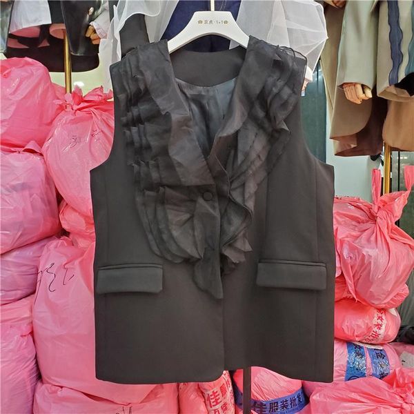 

women's vests seebeautiful ruffles spliced loose vest v-neck sleeveless single breasted pockets women autumn 2021 fashion tide g382, Black;white