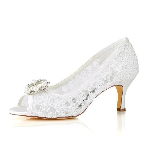 

dress shoes high heel white illusion lace wedding with silver brooch, Black