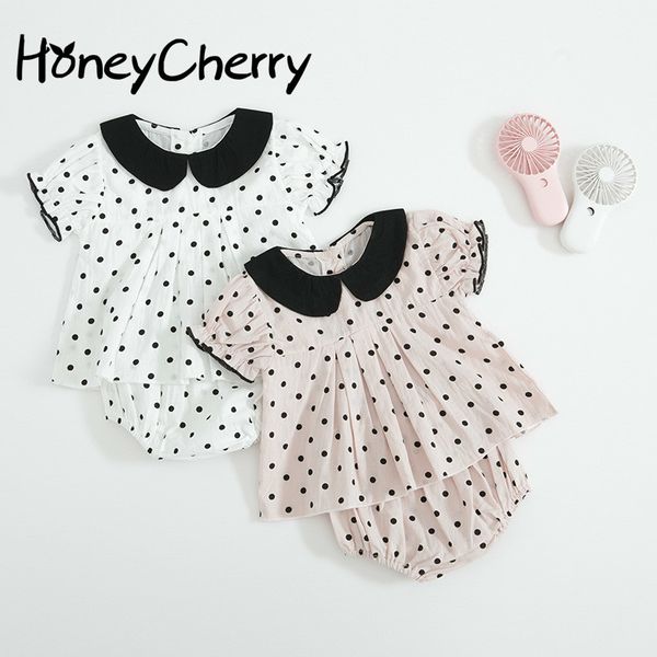 

two-piece suit of black dot round collar foam sleeve jacket and trousers for summer infants girls in 210515, White