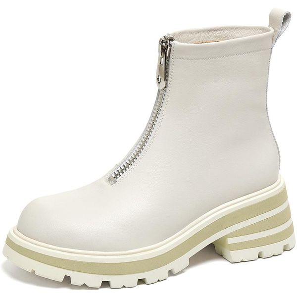 

boots chunky high heels platform motorcycle genuine leather round toe zippers women casual basic shoes woman, Black