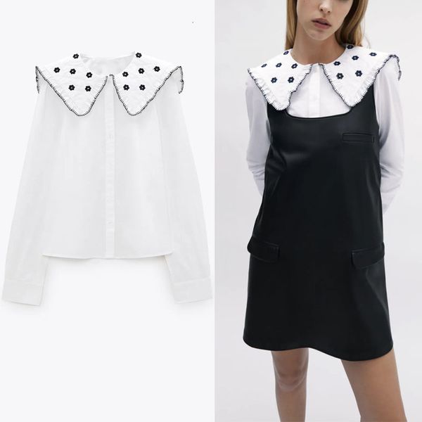 

dresses white embroidered blouse women peter pan collar long sleeve pleated shirt female chic front button vintage, Black;gray