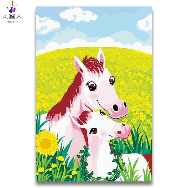 

paintings two horses mom and child digital oil painting by numbers package,in the sea of flowers picture coloring handmade diy