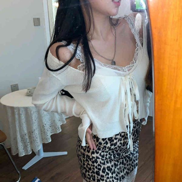 

women's knits & tees knitted sweater women korean fashion lace up v neck long sleeve cardigans solid white slim fit female dw
