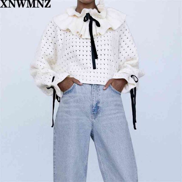 

women knit sweater with ruffle trims sweater ruffled high neck and long sleeves bows openwork fabric 210520, White