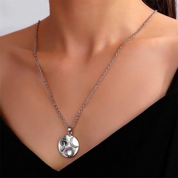 

chains trend creative retro moonstone mushroom moon rainbow necklace geometric design high-quality couple jewelry gift, Silver