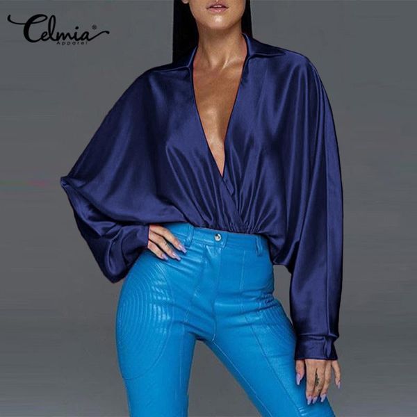 

women's blouses & shirts fashion 2021 women blouse celmia long bat sleeve v-neck casual loose solid satin streetwear tunic, White