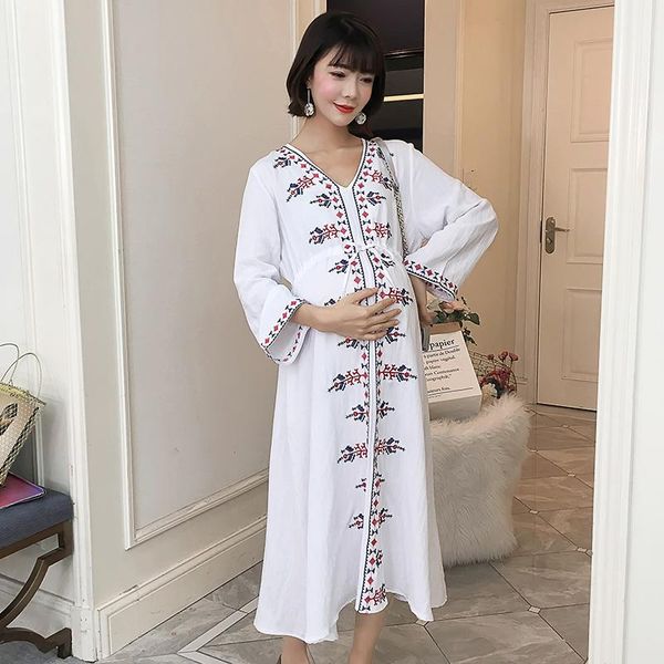 

maternity dresses 2021 pregnant woman skirt spring dress long-sleeved, White