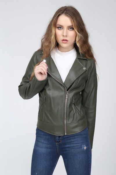 

women's leather & faux manga double breasted collar khaki color coat, Black