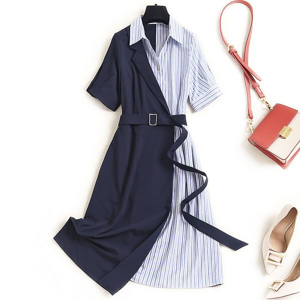 

fashion designers will see short turn down collar striped block shirt office dress, Black;gray