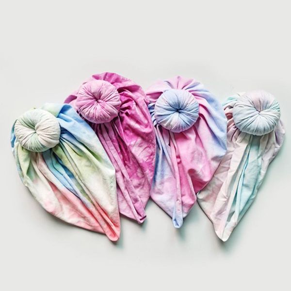 

colorful tie-dyed cotton born hats baby girls round ball caps donut bonnet toddler pography headwear clothing ornaments hair accessories, Slivery;white