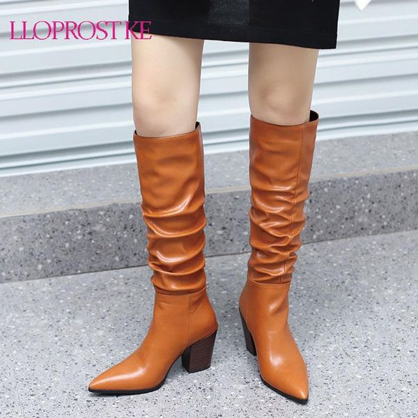 

boots lloprost ke brown beige women knee high faux leather square heel quality pointed toe slip on, Black