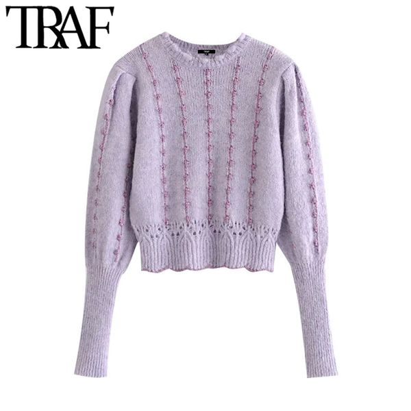 

traf women fashion with metallic thread cropped knitted sweater vintage high neck long sleeve female pullovers chic 210415, White;black