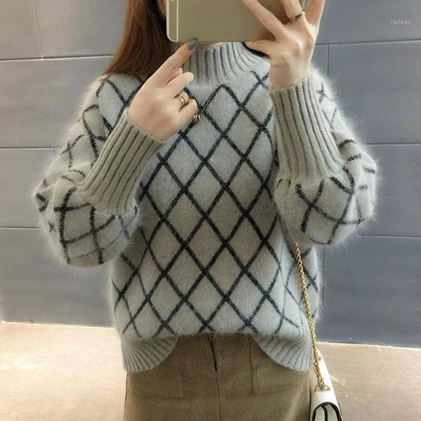 

women's sweaters 2021 autumn winter korean all-match knitted pullovers loose argyle patterns lantern sleeve preppy style sweet sweater, White;black