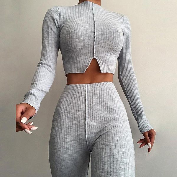 

night club 2021 winter style cotton long sleeve o neck t-shirt gray solid flare pants fashion designer women's set tracksuits