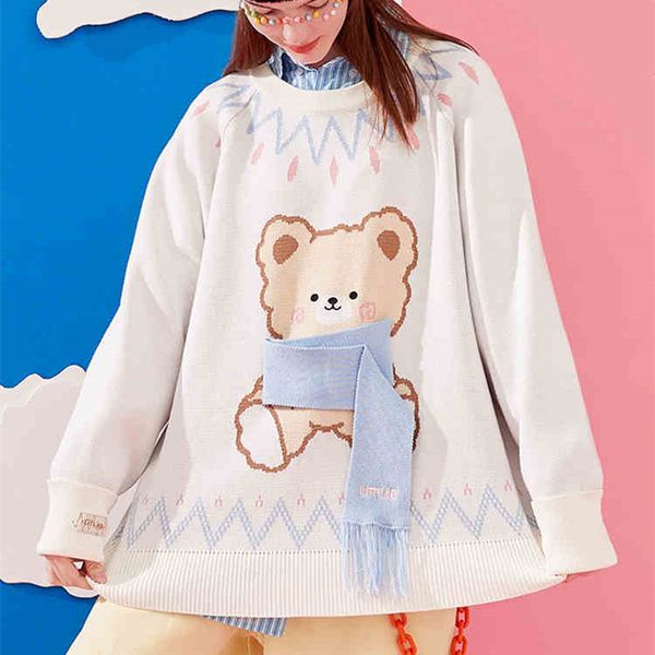 

women's sweaters scarf from the cartoon female sweater bear autumn style college loose around neck long sleeve igdu, White;black