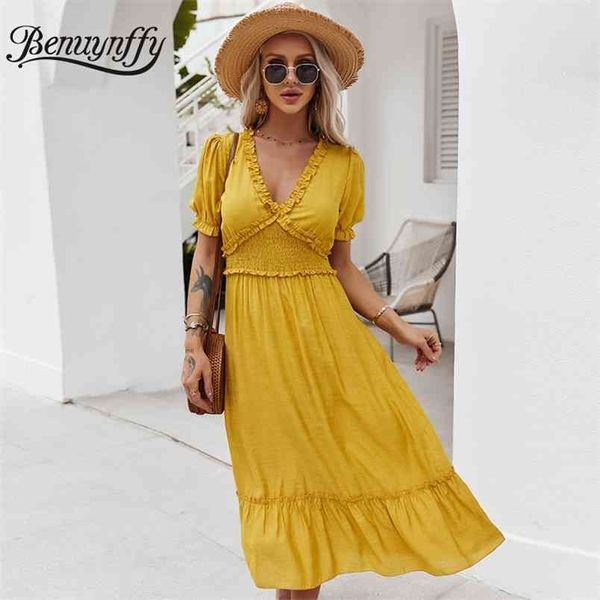 Deep V-Ausschnitt Frill-Trimm Tunika Hohe Taille Solide Lange Kleider Frauen Sommer Casual Kurzarm Ruffle Swing Dress 210510