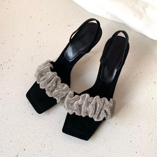 

sandals diamond women's square head thin heel high shoes in spring and summer 2021 fairy wind peep toe, Black