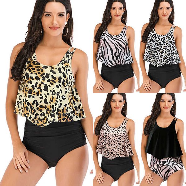 

2021 new women's split high waist big lotus leaf leopard print bikini swimsuit, Black;white