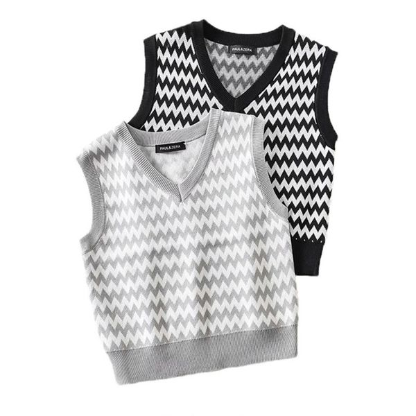 

women's fashion size houndstooth knit vest sweater v-neck sleeveless all-match retro wave stripe knitted vest 210419, White