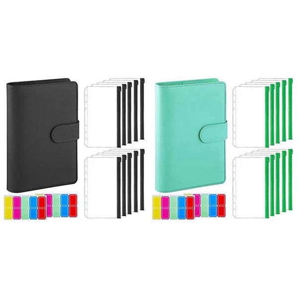 

set a6 binder pocket with notebook cover, pu leather bill management, card storage,black & green gift wrap
