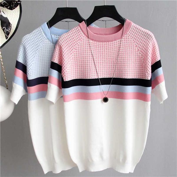 

summer short sleeve korean sweater knitted pullover women sweaters all-match basic thin pull femme jumper female pink 211007, White;black