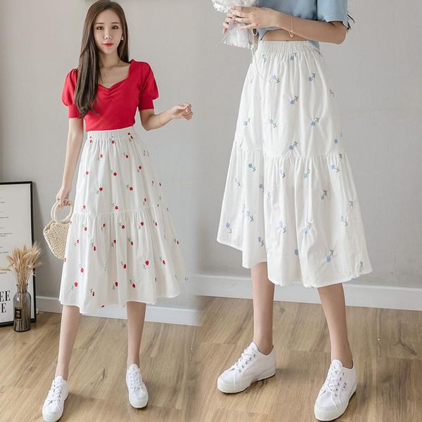 

skirts and fresh embroidery flower s female in the summer 2021 show thin elastic long posed umbrella a word, Black