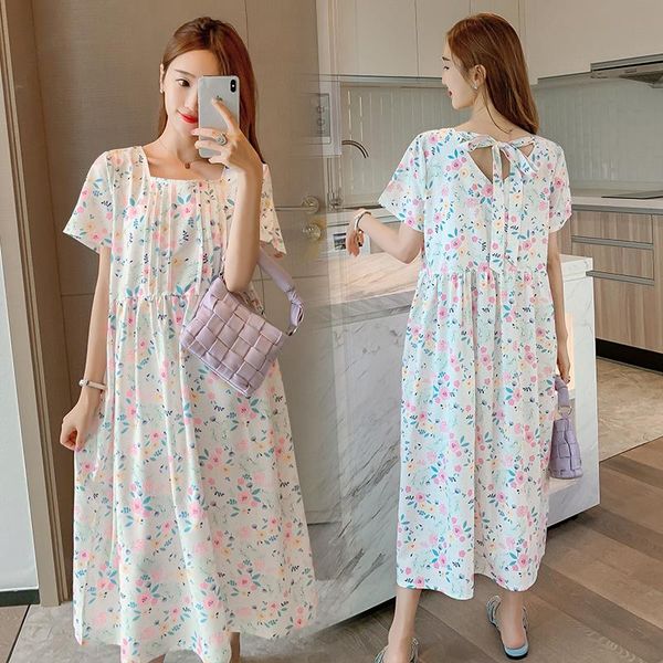 

9510# 2021 summer korean fashion maternity long dress sweet pleat floral print loose clothes for pregnant women casual pregnancy dresses, White