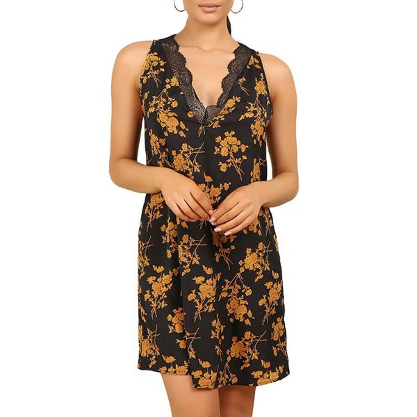 

casual dresses sale ladies v-neck floral print lace collar sleeveless mini dress summer trim deep v neck tank short a-line vestido d30, Black;gray