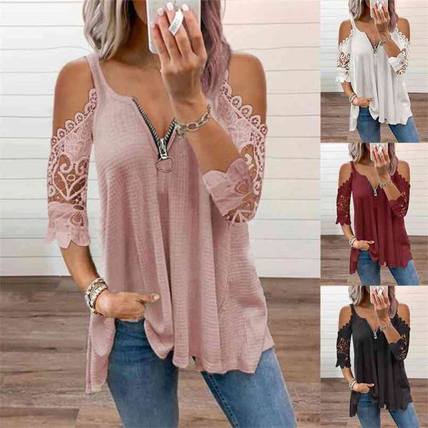 

summer half sleeve lace shirt women casual zipper v neck loose t plus size hollow out sling elegant pullover 210708, White