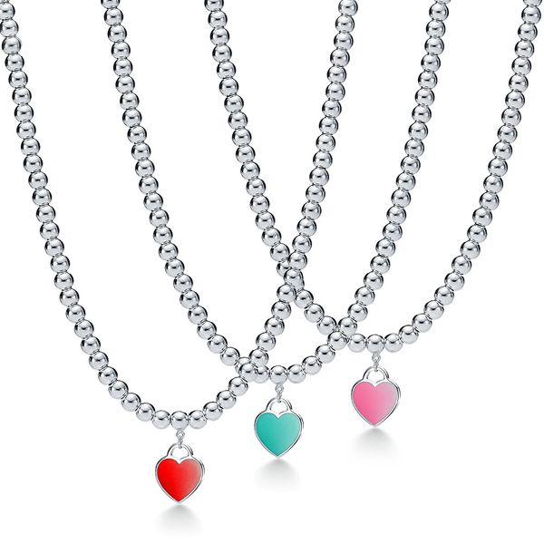 

t style famous brand heart pendant necklaces selling red pink green enamel filled nectarine beads chain 925 sterling silver necklaces weddin