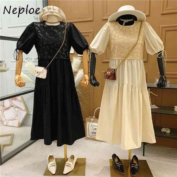 

neploe o neck puff short sleeve temperament dress women high waist hip a line long vestidos sequin patchwork summer robe loose 210423, Black;gray