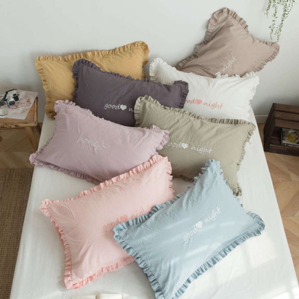 

japanese style all cotton washed pleated pillow case single piece pure color princess embroidered
