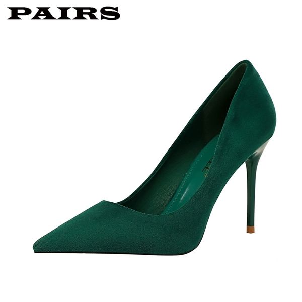 

bigtree brand designer pumps shoes women high heels stiletto faux suede green shoes office party shoes plus size 43 211028, Black