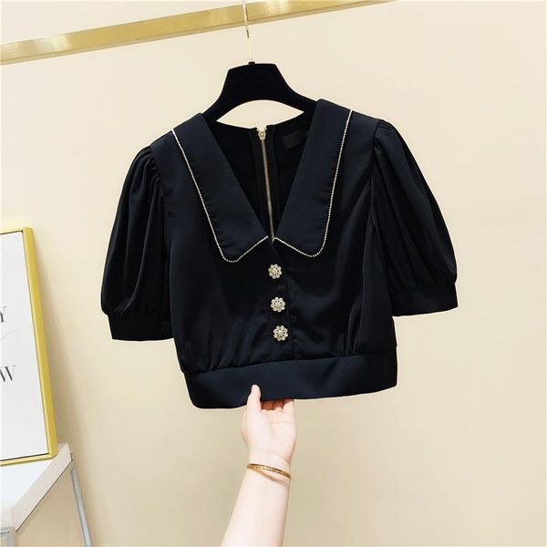 

women's blouses & shirts blusas feminina 2021 summer korean style diamond doll collar short sleeve slim shirt puff blouse, White