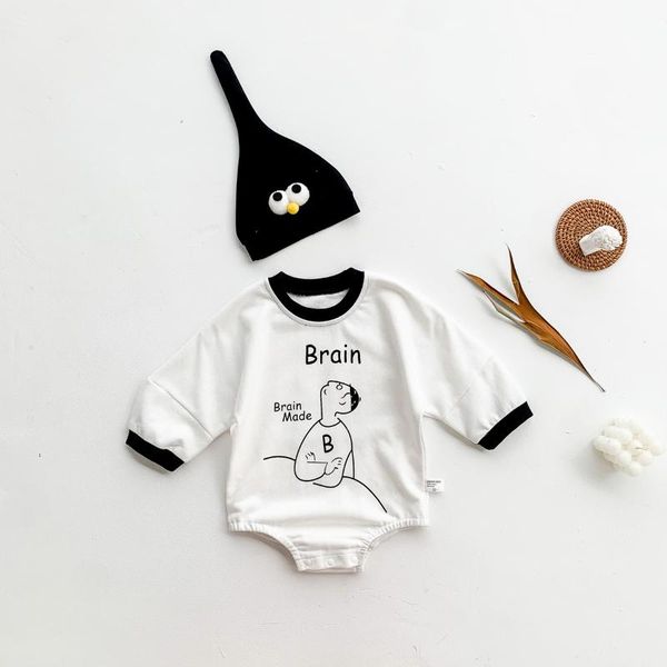 

rompers born baby boy girl bodysuit cotton autumn brain letter jumpsuit long sleeve clothing with hat 2pcs clothes suit, Blue