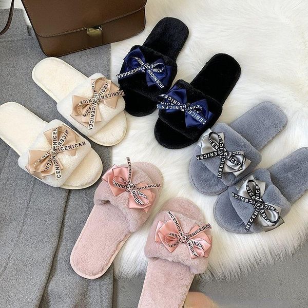 

slippers couples home women plush butterfly-knot faux fur warm flat girls shoes slip on autumn winter furry ladies slides, Black