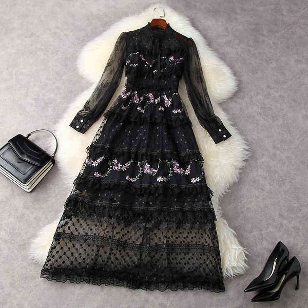 

casual dresses spring long sleeve round neck black / pink floral embroidery tulle lace panelled ribbon mid-calf dress elegant lm1111920 xcz9, Black;gray