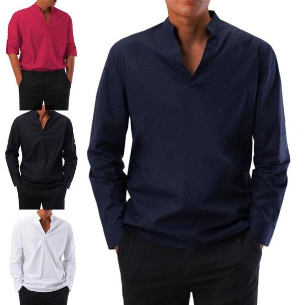 

men's casual shirts fashion autumn shirt long sleeve office male v neck solid color stand collar men streetwear, White;black