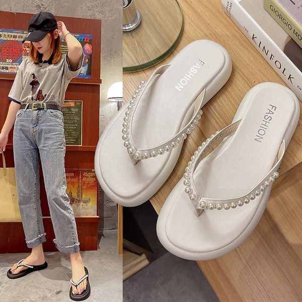 

slippers women summer female shoes platform string bead rubber flip flops low luxury slides 2021 beach hawaiian designer fabric, Black