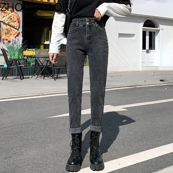 

women's jeans zhoutaylor woman fashion high waisted ankle-length pants femme button casual loose autumn 2021 harem trousers female, Blue