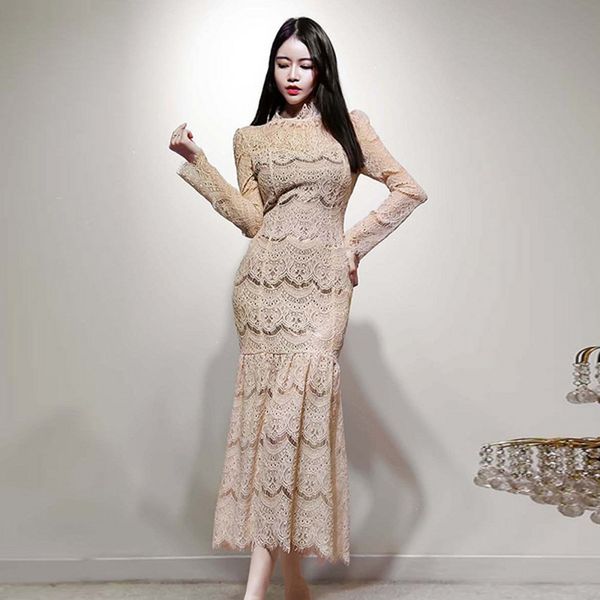 

women long sleeve casual mermaid dress for women sheath wrap long spring dress ladies beige lace hollow out evening party dress 210514, Black;gray