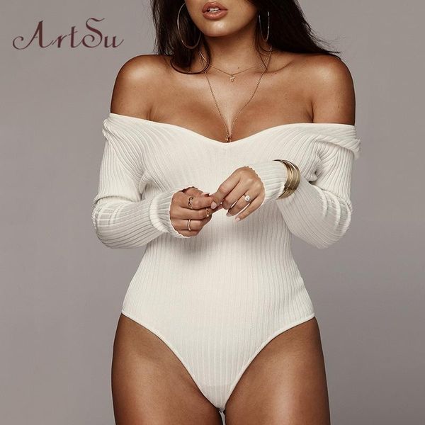 

women's jumpsuits & rompers 2021 off shoulder ribbed knitted bodysuit long sleeve cotton slash neck romper mujers solid jumpsuit women, Black;white