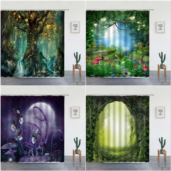 

shower curtains fairy tale forest set magic mushroom and tree printed kids girl wall hanging bathroom decor fabric with hooks
